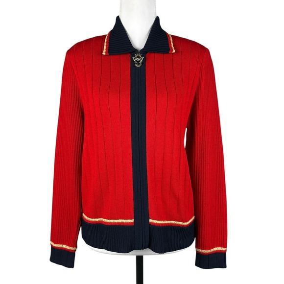 St. John Jackets & Blazers - St John Santana Knit Full Zip Jacket Womens 4 Red Navy Gold Crest Nautical VTG